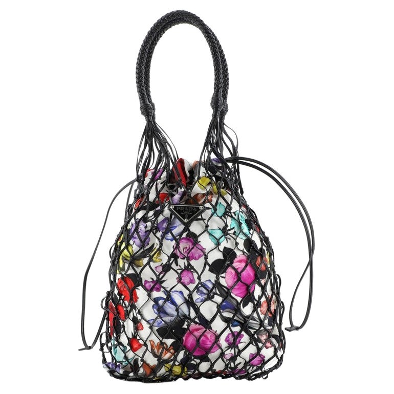 Prada Fishnet Tote Woven Leather and Printed Canvas