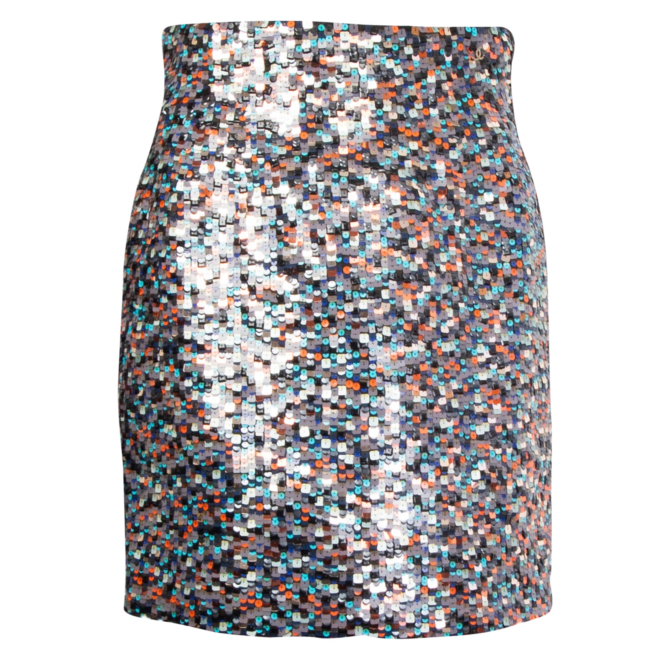 CHANEL multicolour SEQUIN 2018 HAMBURG MINI Skirt 38 S For Sale