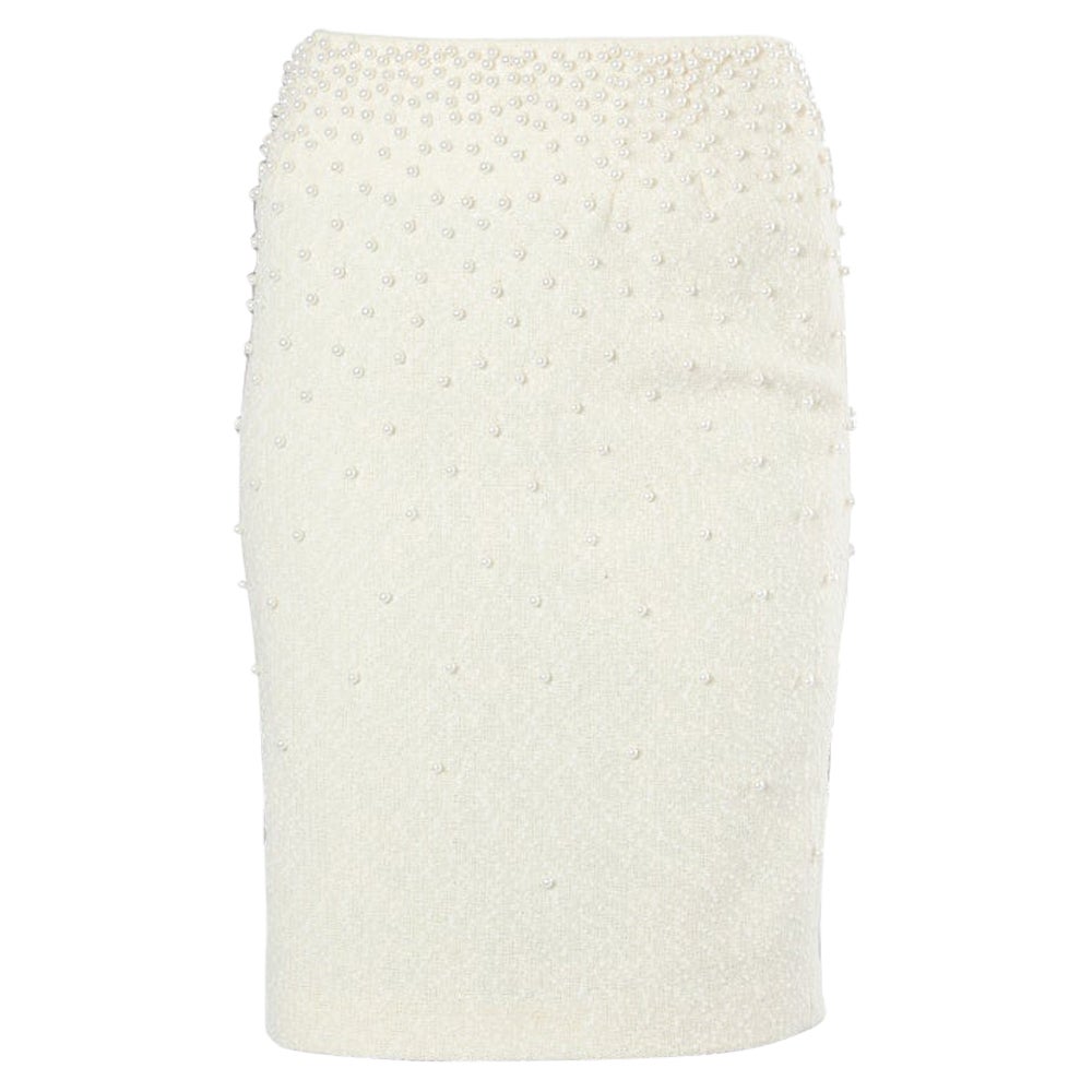 CHANEL off-white wool blend PEARL EMBELLISHED Pencil Skirt 38 S For Sale
