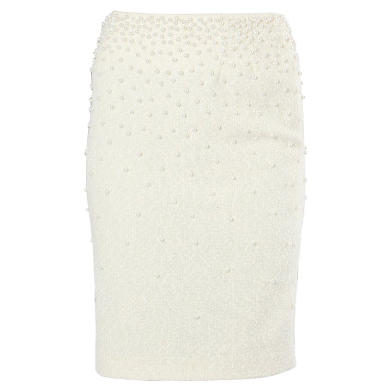CHANEL off-white wool blend PEARL EMBELLISHED Pencil Skirt 38 S For ...