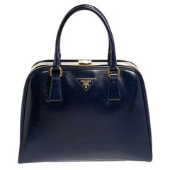 Prada Navy Blue Saffiano Vernice Leather Pyramid Frame Satchel