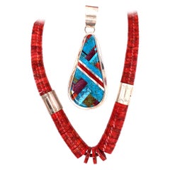 Native American Coral Turquoise MOP 925 Sterling Silver Pendant Necklace