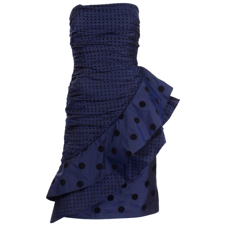 Vintage 1980s Louis Feraud Deep Blue Polka Dot Strapless Silk Evening Dress For Sale