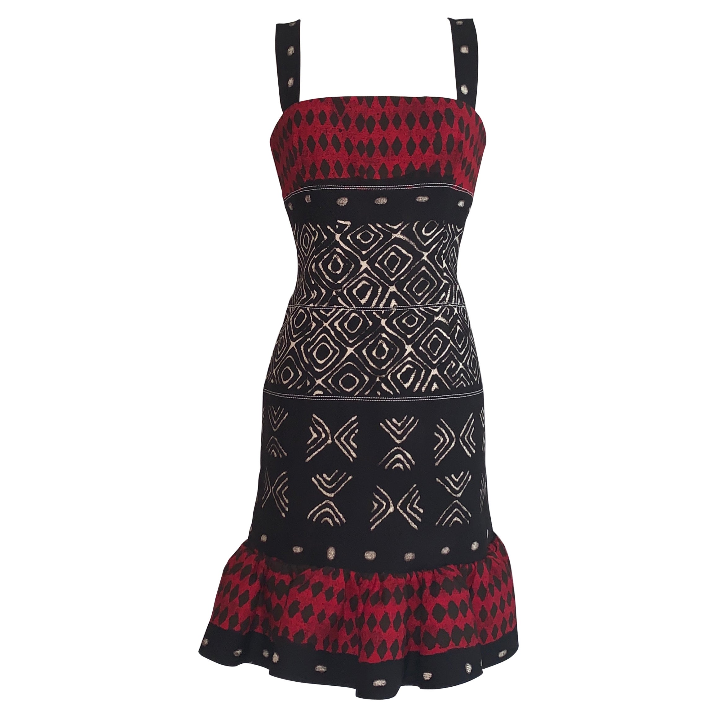 Oscar de la Renta Red and Black Tribal Print Dress with Ruffle Bottom For Sale