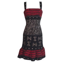 Oscar de la Renta Red and Black Tribal Print Dress with Ruffle Bottom