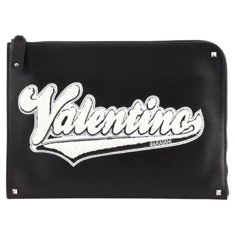 Valentino Varsity Zip Pouch Leather with Applique Medium