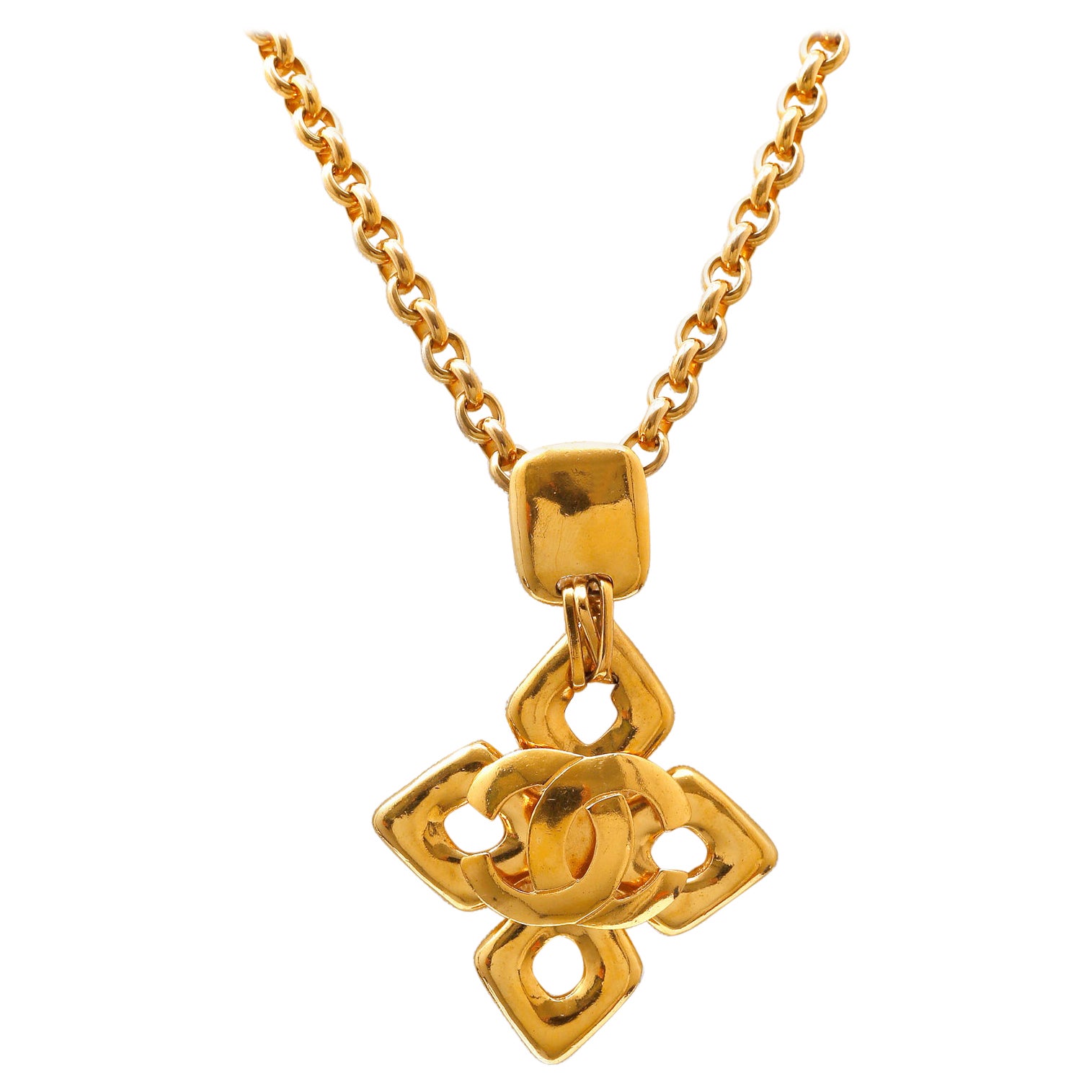 Chanel Gold Quatrefoil CC Cross Necklace For Sale