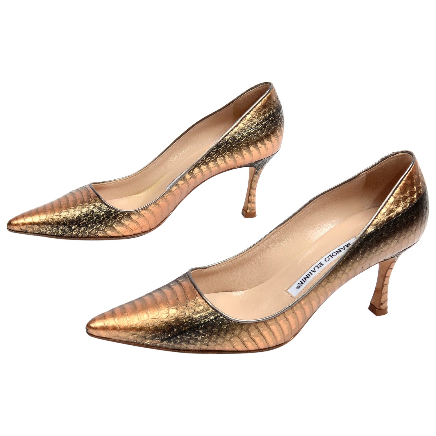 Manolo Blahnik Copper Rose Bronze Snakeskin Pumps With Heels and Pointed  Toe at 1stDibs