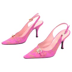 Dolce & Gabbana Pink & Gold Fabric Slingback Heels w Rhinestone Buckles