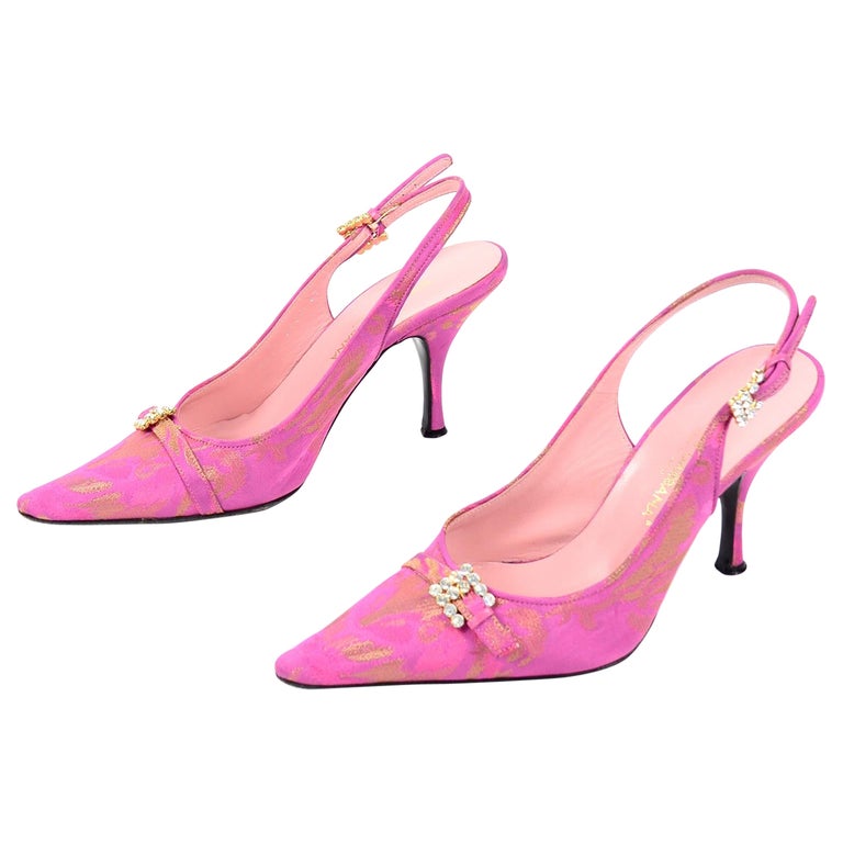 Dolce and Gabbana Pink and Gold Fabric Slingback Heels w Rhinestone Buckles  For Sale at 1stDibs | pink and gold heels