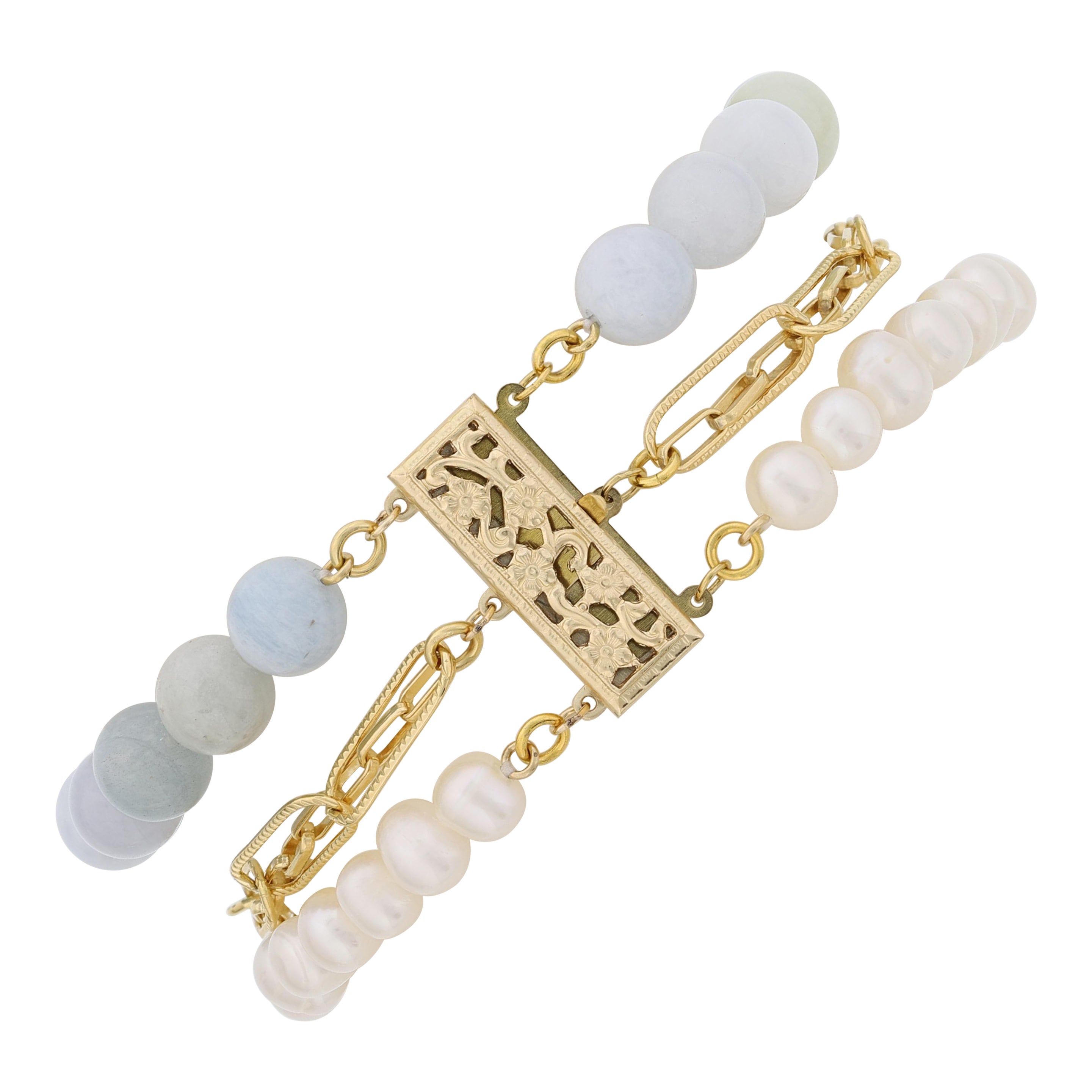 Multi Strand Aquamarine, Pearl and 14k Gold Filled Paperclip Chain Bracelet For Sale