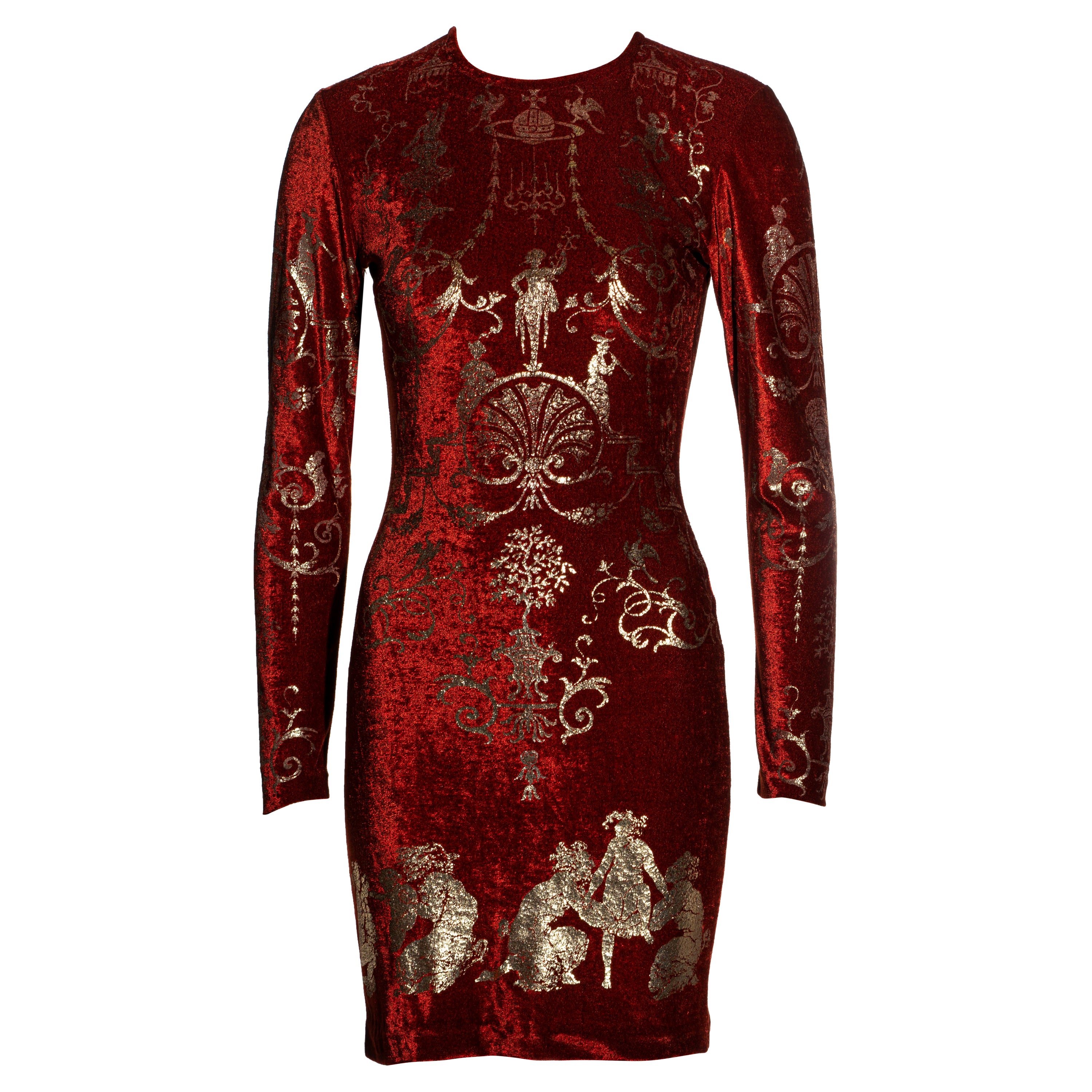 Vivienne Westwood red velvet bodycon dress with gold foil print, fw 1991