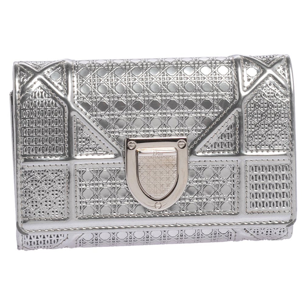 Dior Metallic Silver Micro Cannage Leather Diorama Trifold Wallet