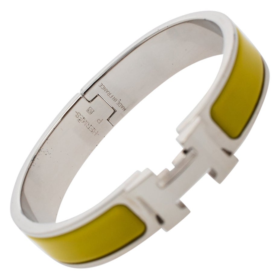 Hermès Clic H Lime Yellow Enamel Palladium Plated Narrow Bracelet PM
