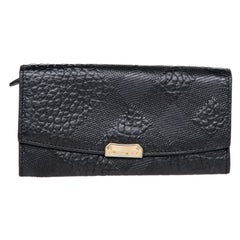 Used Burberry Black Embossed Check Leather Continental Wallet
