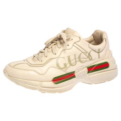 Used Gucci Cream Leather Rhyton Low Top Sneakers Size 42.5