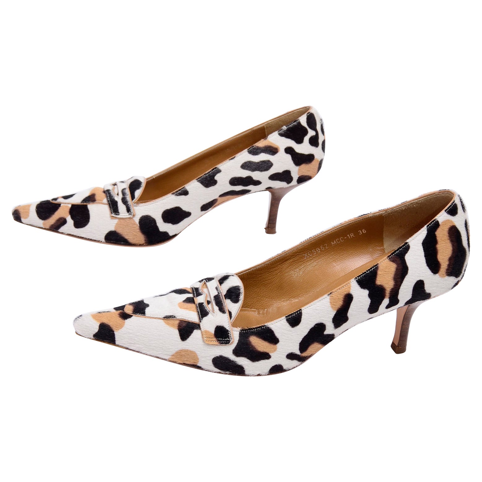 Valentino Garavani Pony Fur Leopard Print Penny Loafer Style Wood Heel Pumps 