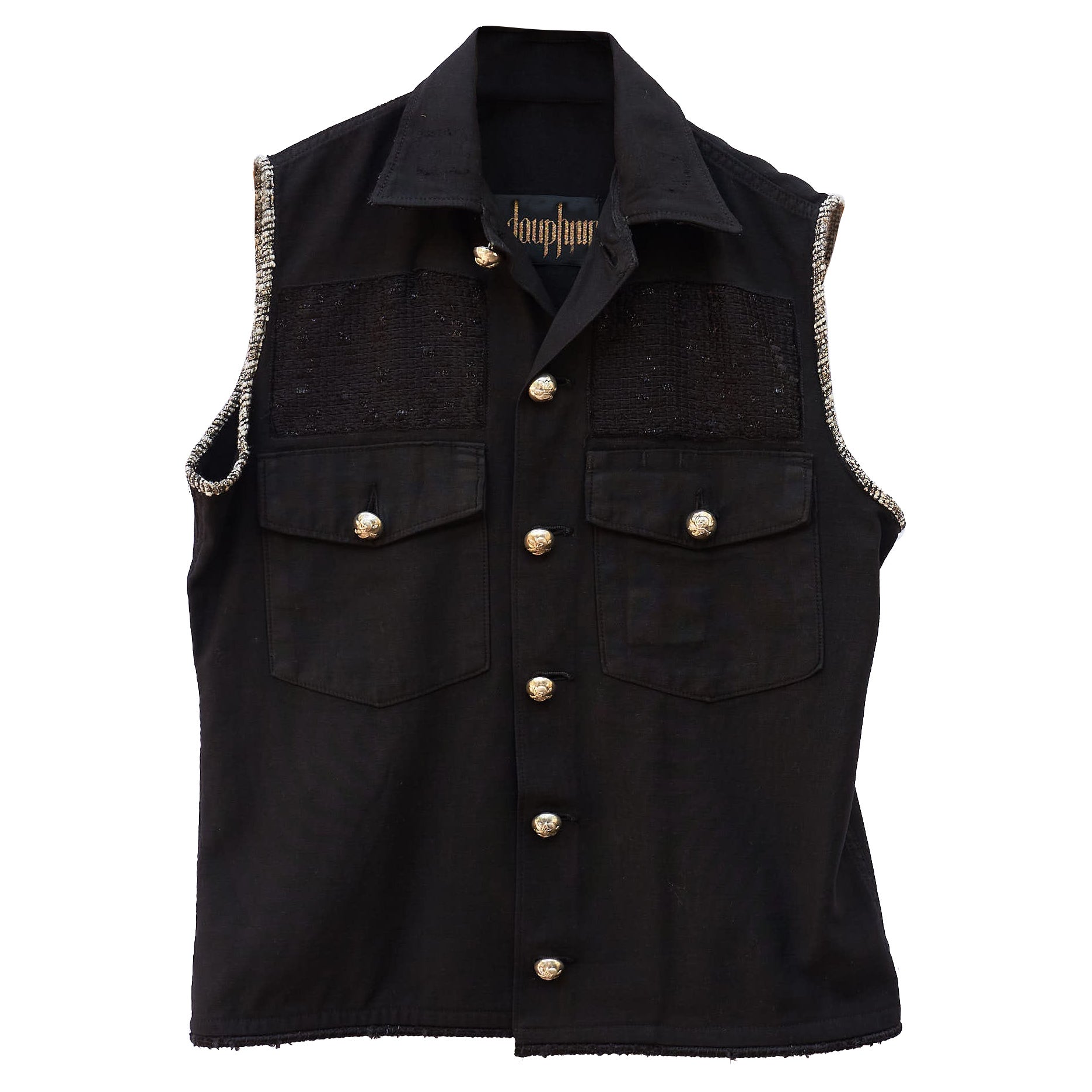 Sleeveless Jacket Vest Military Embellished Black Tweed Silver Buttons J Dauphin