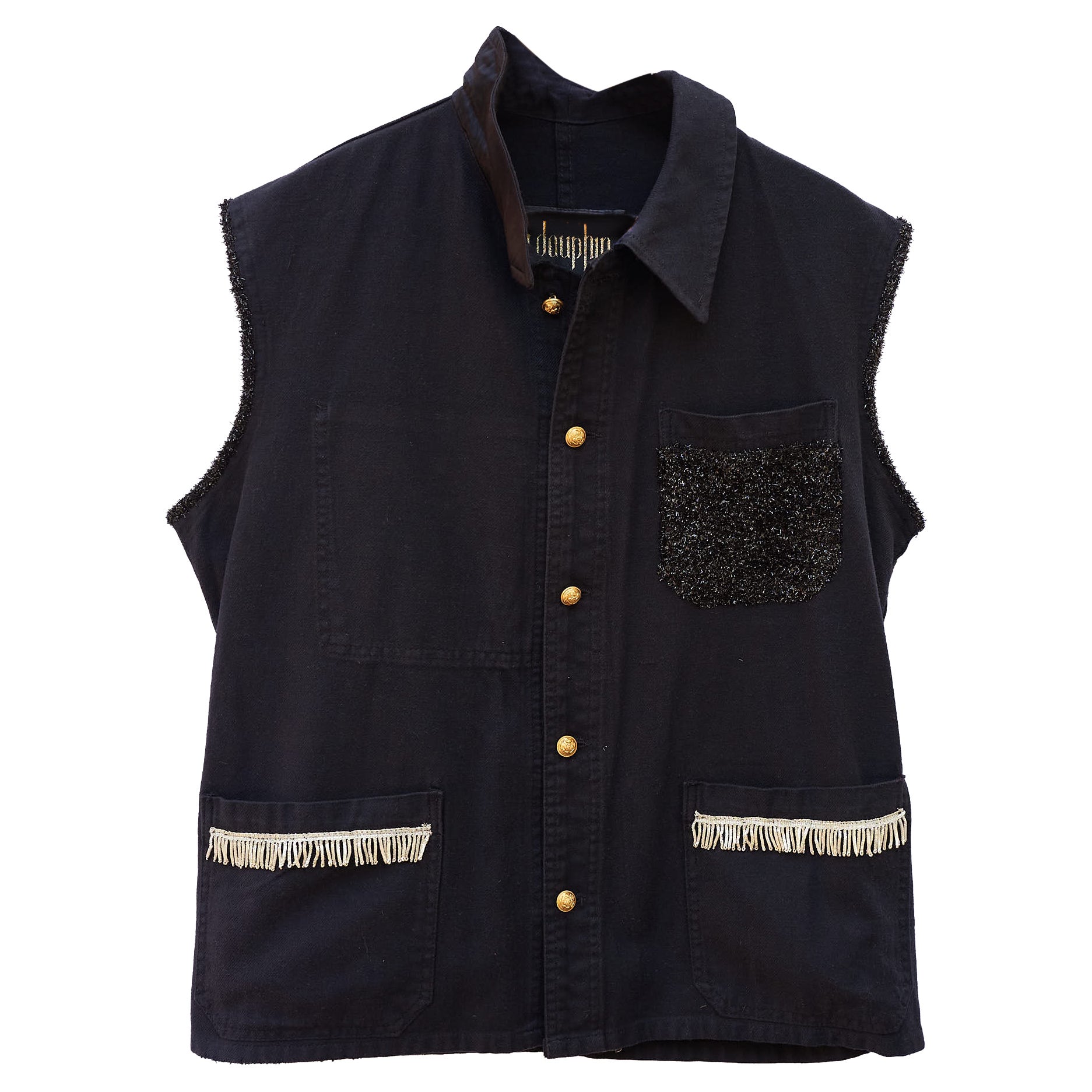 Sleeveless Vest Jacket Black French Work Wear Fringe Embellished J Dauphin
