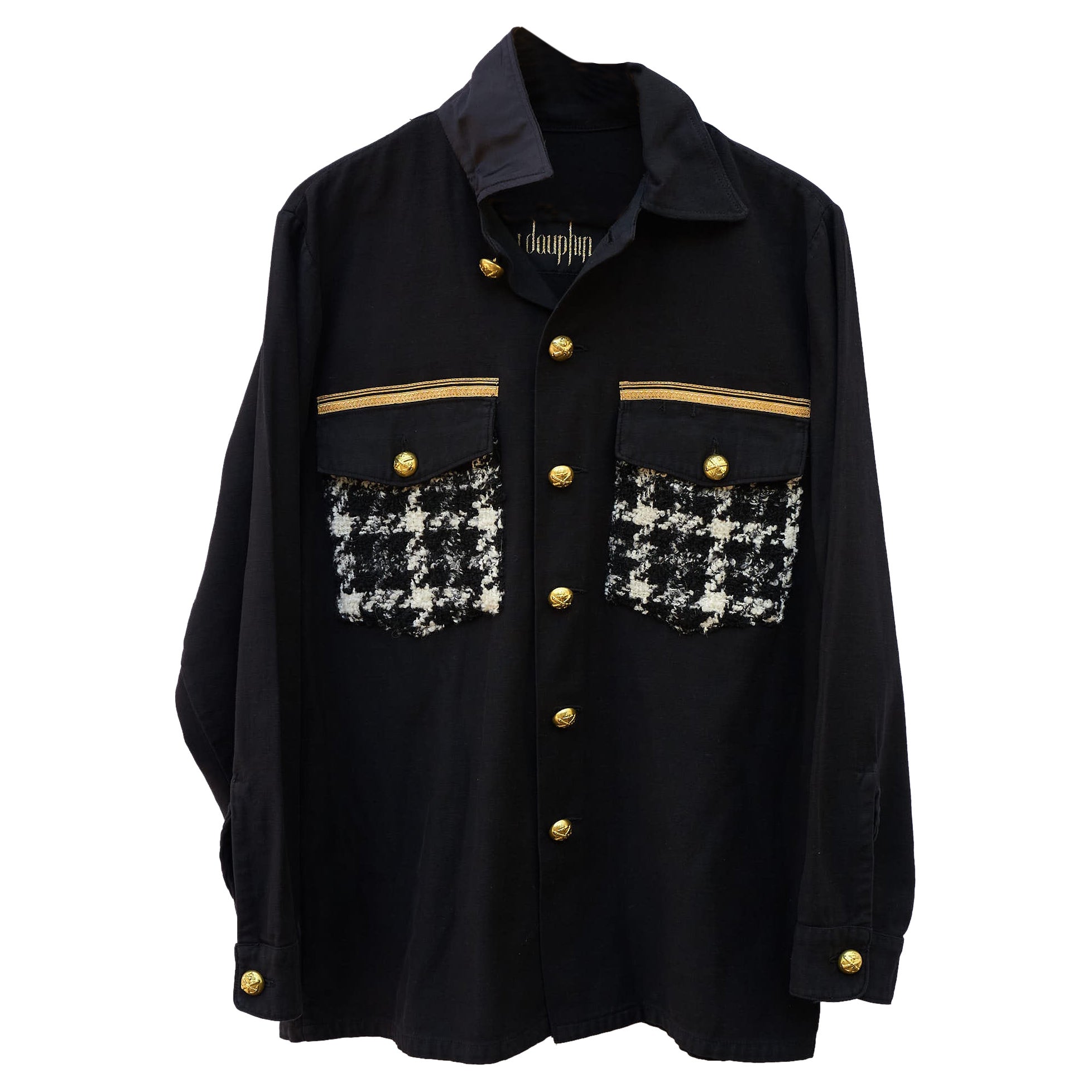 Black Jacket Military White Black Wool Tartan Gold Braid Buttons J Dauphin