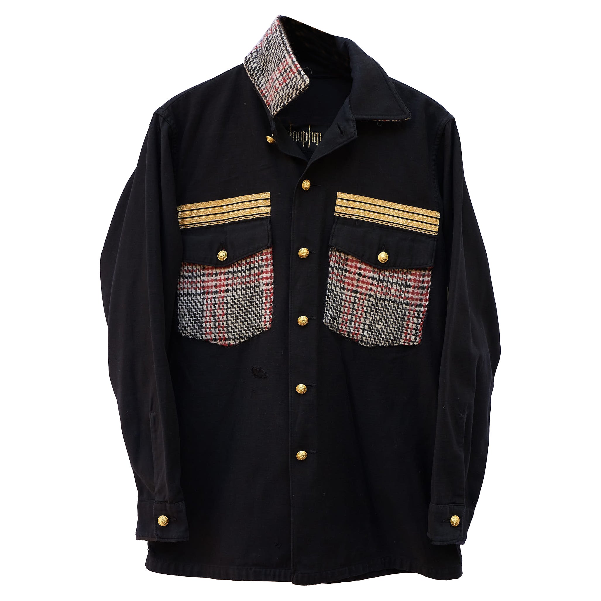 Designer Jacket Black Military Red White Black Tartan Wool Gold Braid J Dauphin