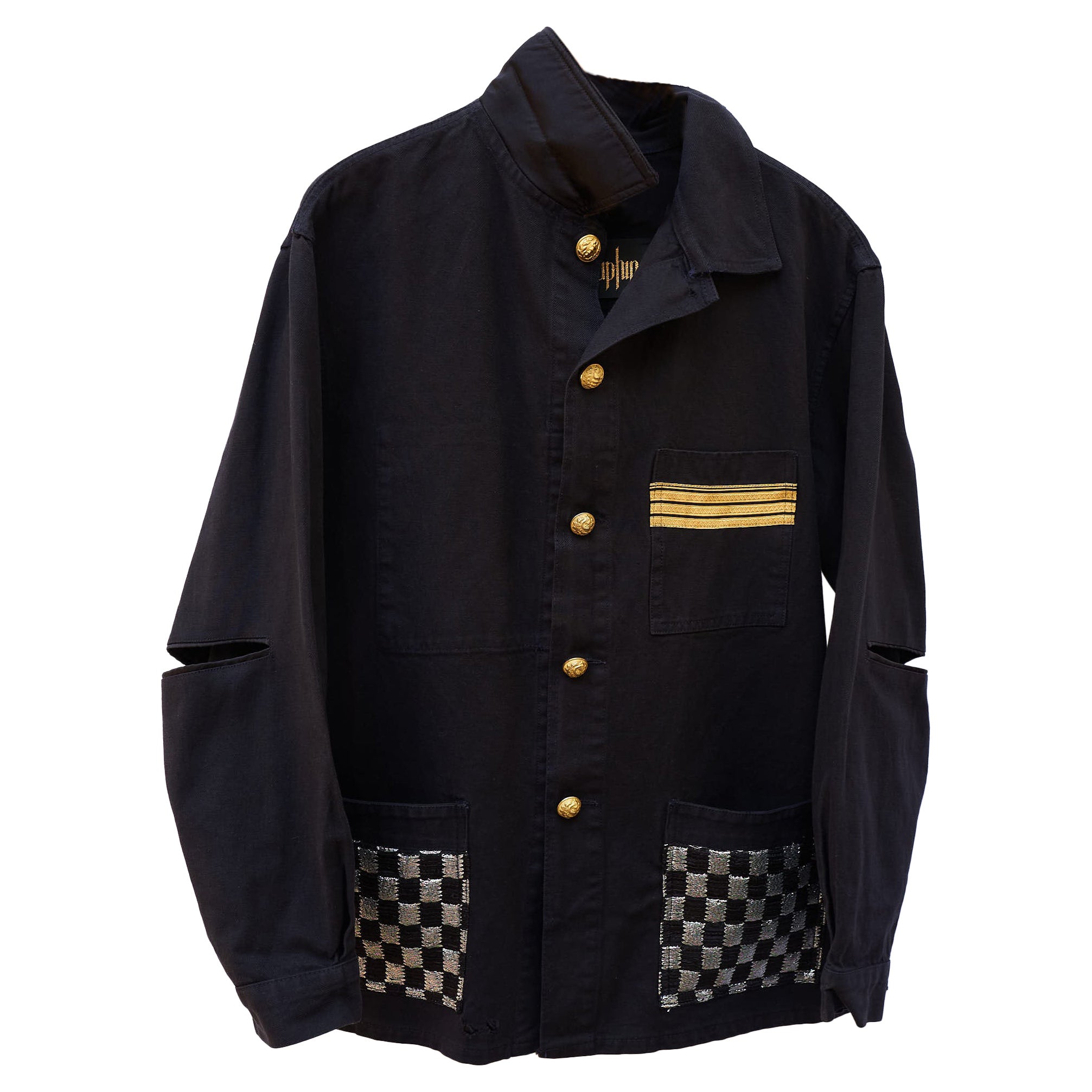 Jacket Black French Work Wear Gold Braid Silver Black Lurex Tweed J Dauphin