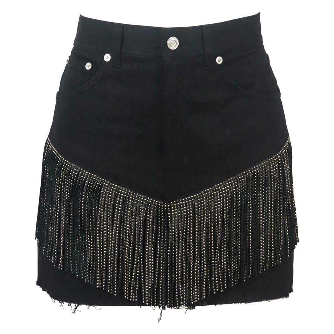 Saint Laurent Studded Leather Fringed Denim Mini Skirt