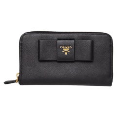 Prada Black Saffiano Lux Leather Bow Zip Around Wallet
