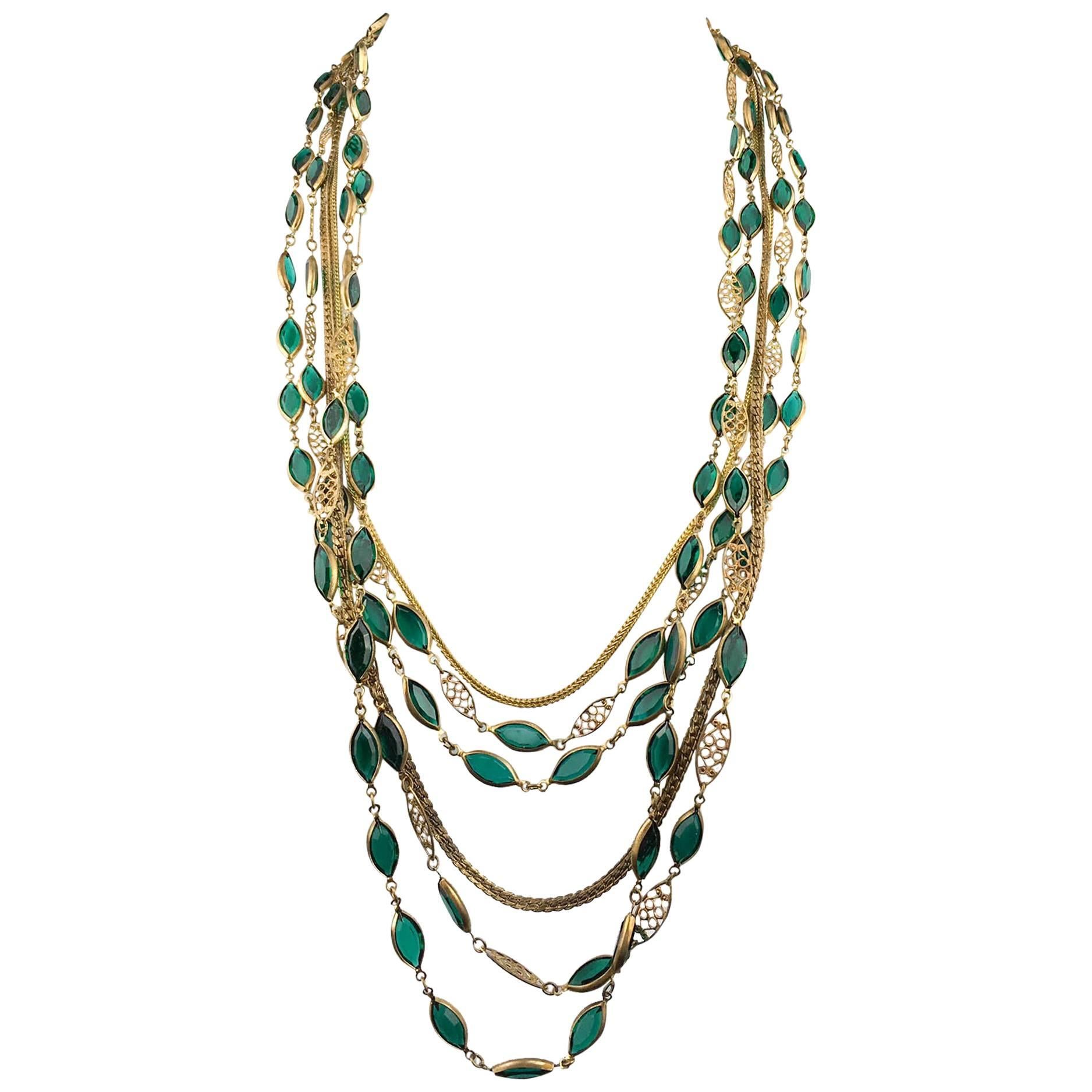 Multi-Strand Gold-Toned and Green Paste Necklace - 1940s/1950s For Sale