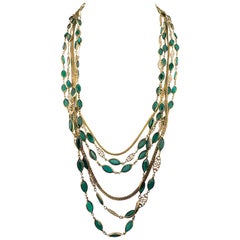 Multi-Strand Gold-Toned and Green Paste Necklace - 1940s/1950s
