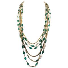 Multi-Strand Gold-Toned and Green Paste Necklace - 1940s/1950s 9