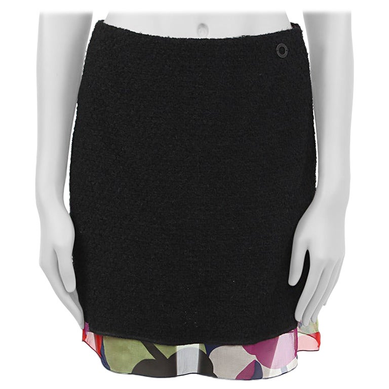 CHANEL black TWEED & MULTICOLOR FLORAL CHIFFON Mini Skirt 38 S For Sale