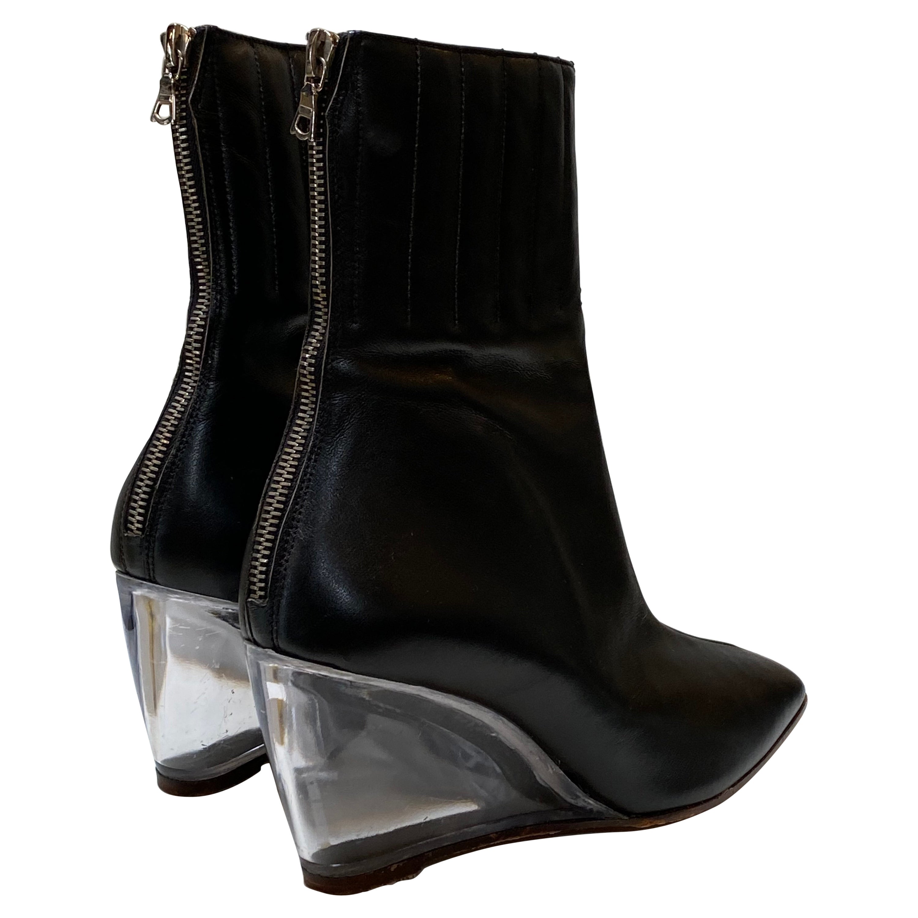 Courreges Black Leather Ankle Boot with Plexi Wedge Heel For Sale at 1stDibs