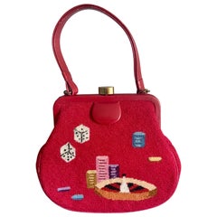 Vintage Gambling Theme Diminutive Red Needlepoint and Leather Handbag