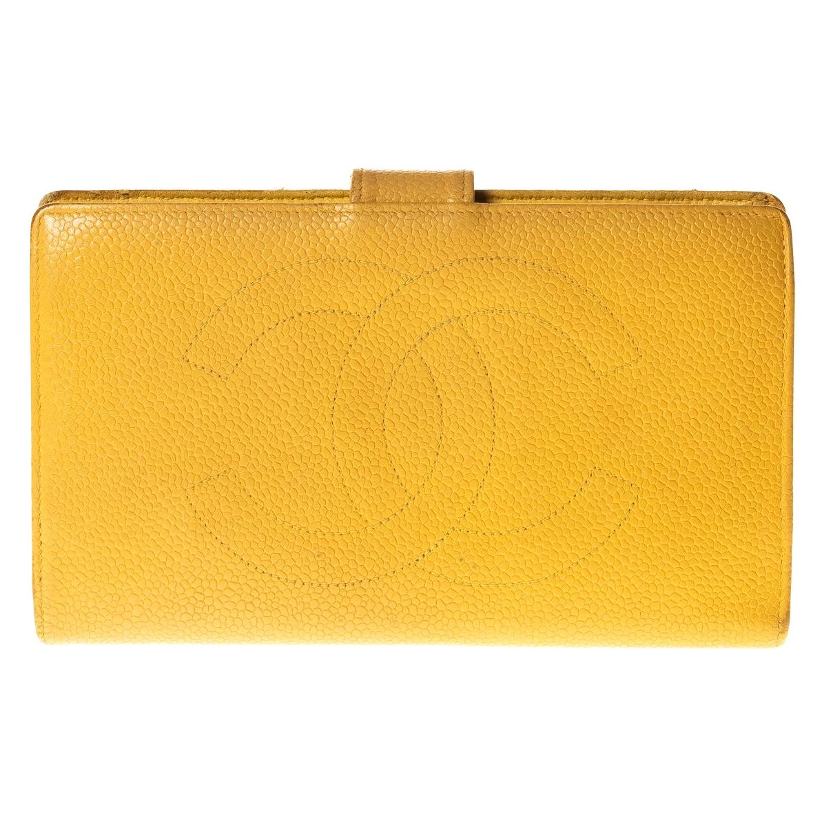 Chanel Caviar CC Mustard Yellow Compact Snap Wallet 1997 For Sale