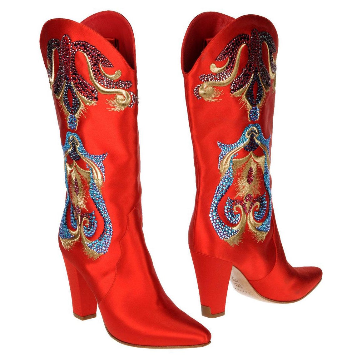 New Casadei Red Satin Crystal Embellished Embroidered Western Boots It ...