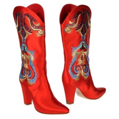 New Casadei Red Satin Crystal Embellished Embroidered Western Boots It 38 - US 8