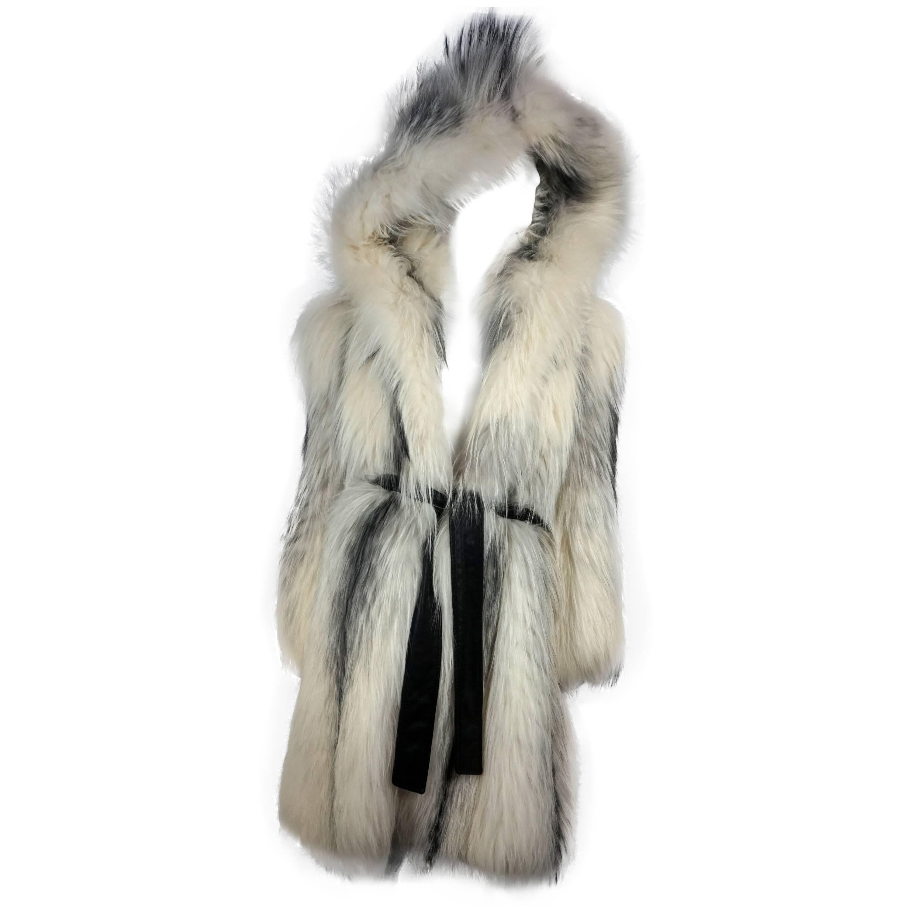 Hooded Fox Marble Fur Coat with Leather Belt For Sale