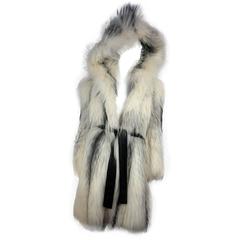 Vintage Hooded Fox Marble Fur Coat with Leather Belt