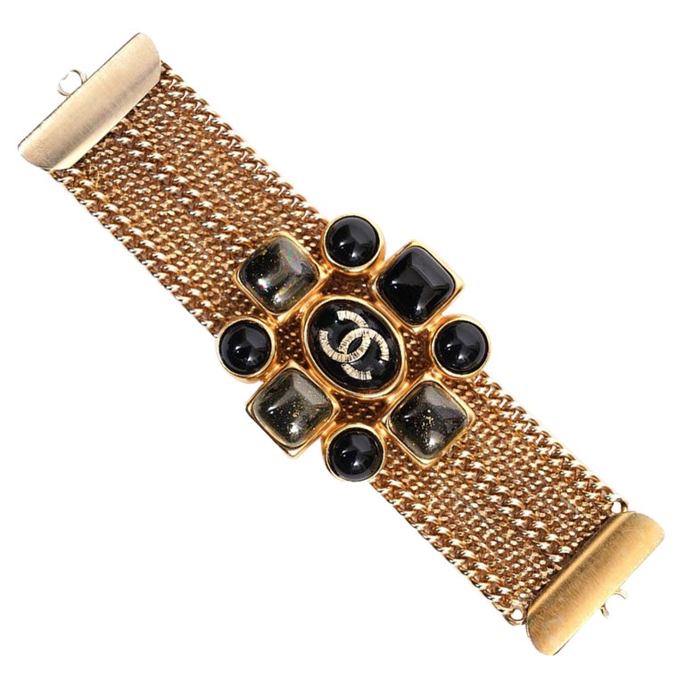 Chanel Gold Tone CC Logo Crystal Charms No 5 Clover Stone Gems Quartz  Bracelet