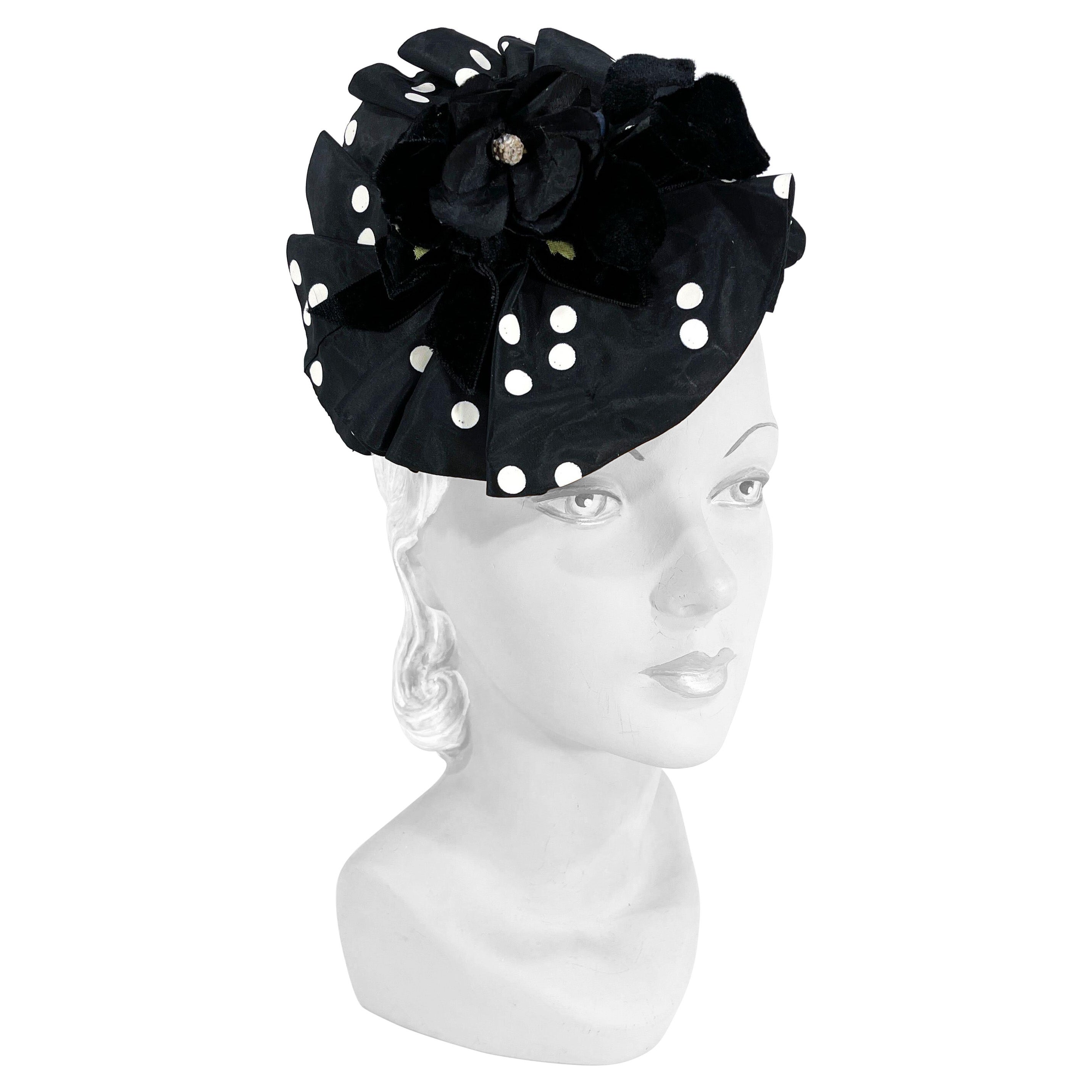 1930s Black and White Polkadot Cocktail Hat