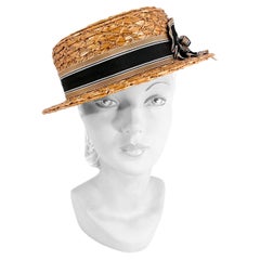 Antique 1930/1940s Woven Straw Boater Perch Hat