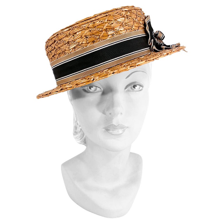 1930/1940s Woven Straw Boater Perch Hat For Sale