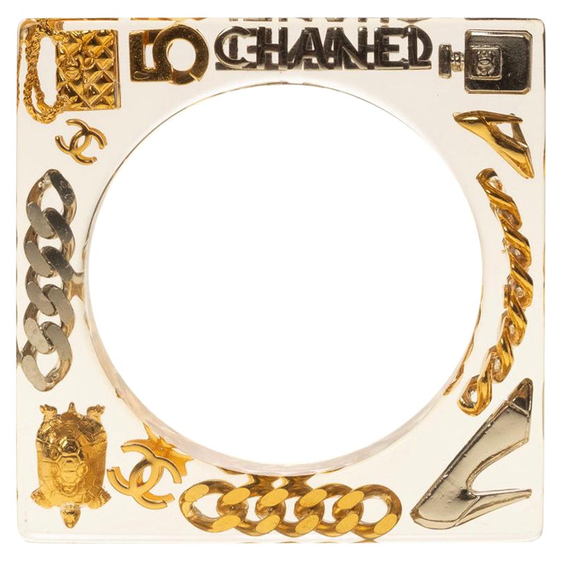 Chanel Vintage Lucite Plexi Bangle Square Charms Cuff Bracelet (1997) For Sale