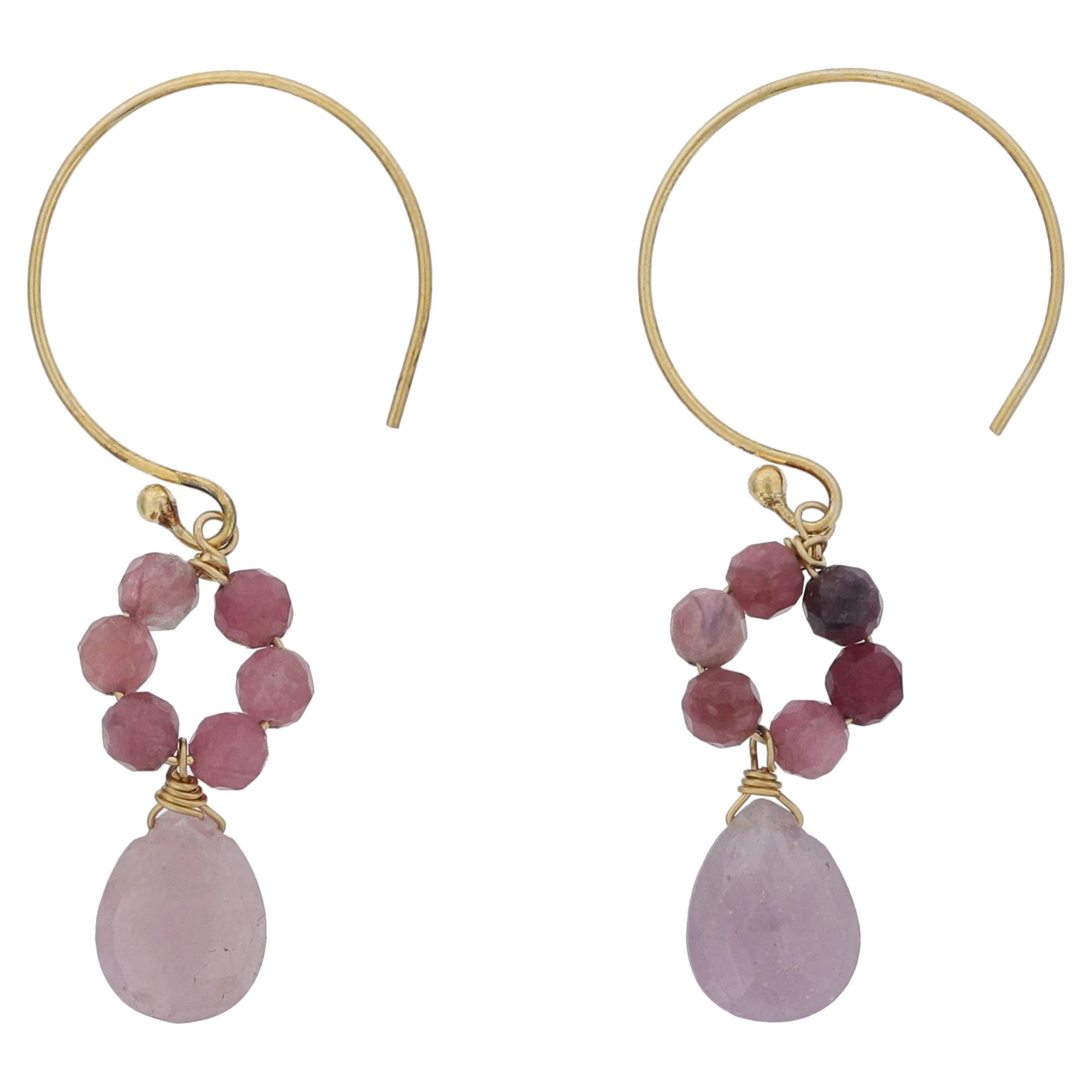 Pink Tourmaline, Sapphire, 14K Gold Filled Wire Wrapped Pear Drop Earrings For Sale