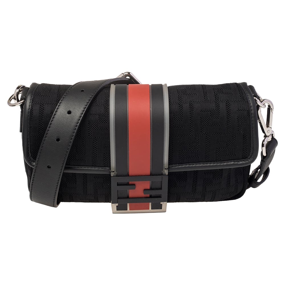 Fendi Black Perforated Neoprene Fabric Convertible Baguette Belt Bag