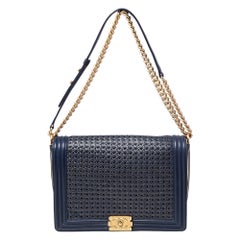 Chanel Blue/Gold Woven Leather Large Boy Flap Bag