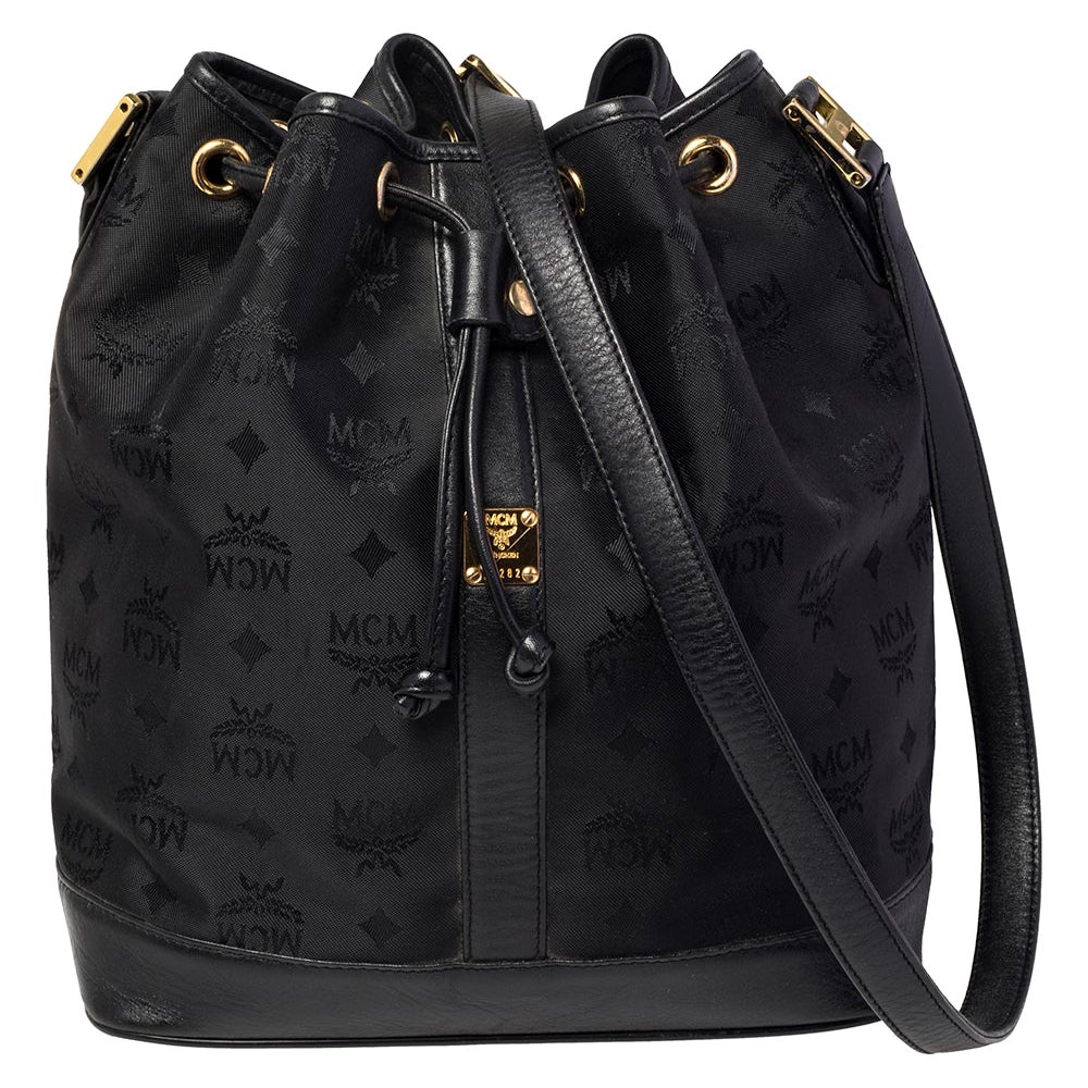 MCM Black Canvas and Leather Drawstring Bucket Bag