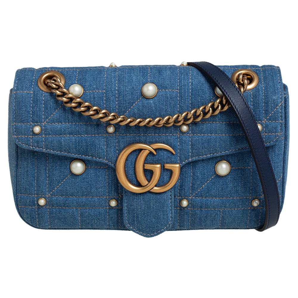 Gucci Blue Matelasse Denim Small Pearl Embellished GG Marmont Shoulder Bag