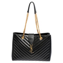 Saint Laurent Black Matelassé Leather Cassandre Shopper Tote